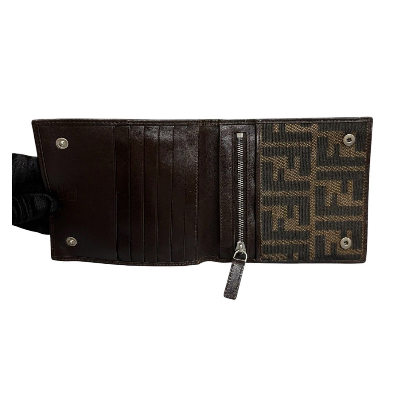 Fendi Zucca Brown Silver Canvas Leather Shoulder Bag Bifold