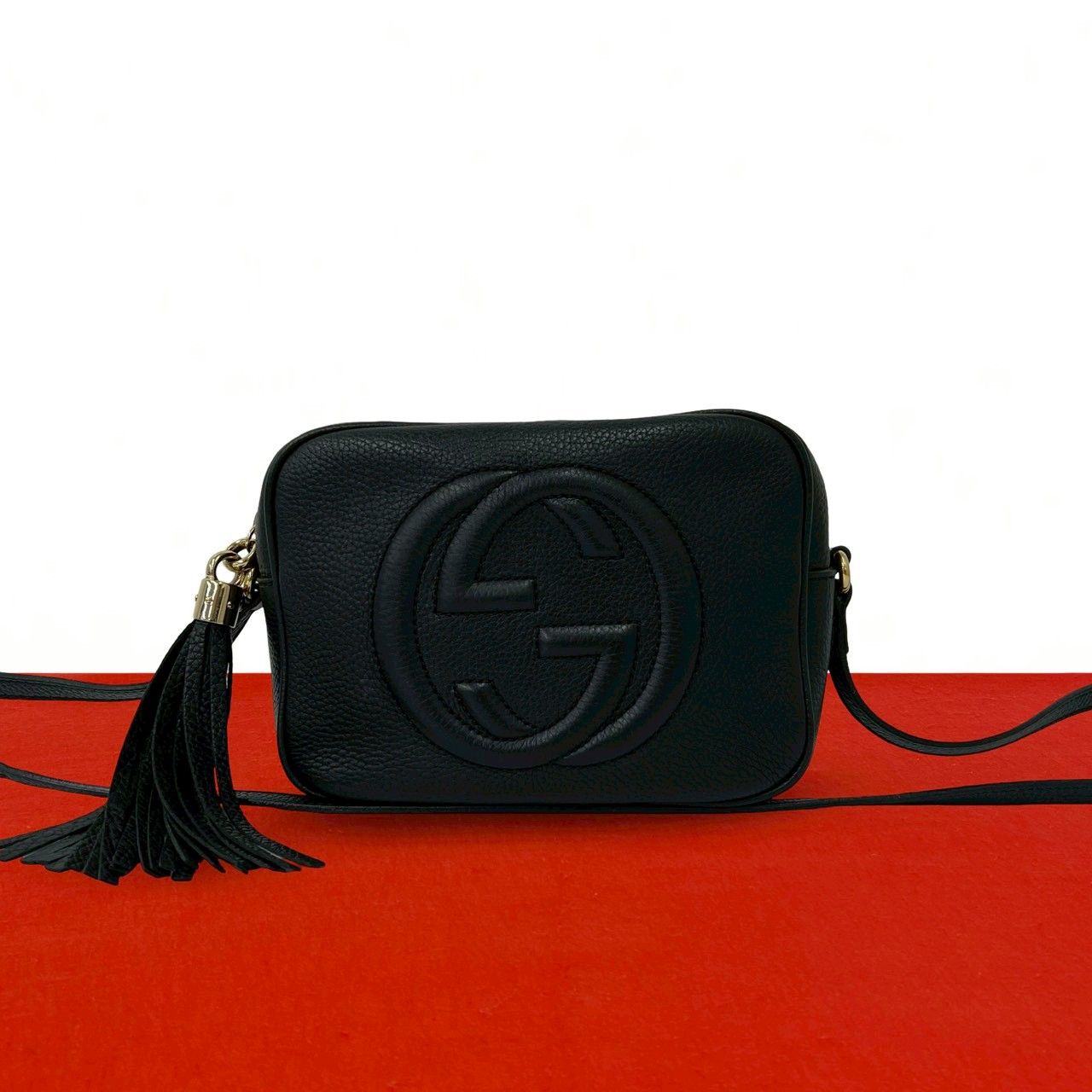 Gucci Soho Interlocking Leather Tassel Mini Shoulder Bag Pochette Black