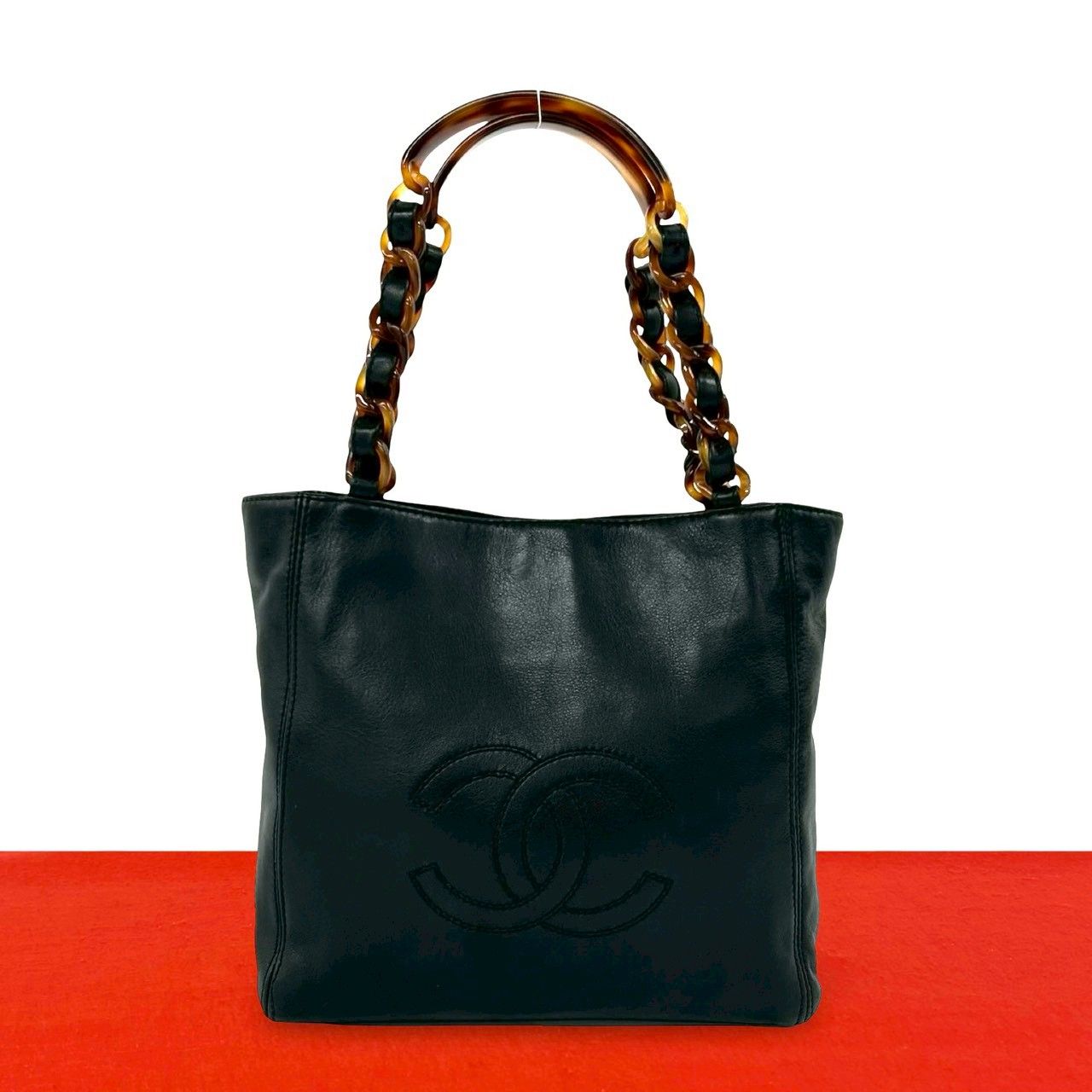 Chanel CC Logo Lambskin Leather Chain Handbag Black