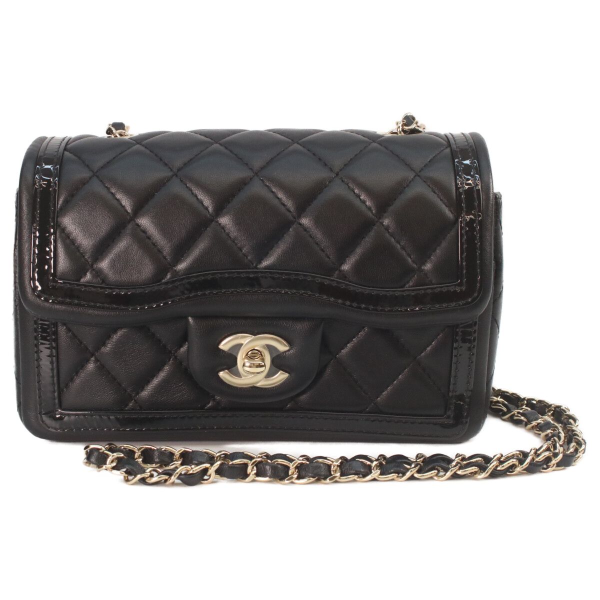 Chanel Quilted 20 Black Lambskin Patent Gold Single Flap