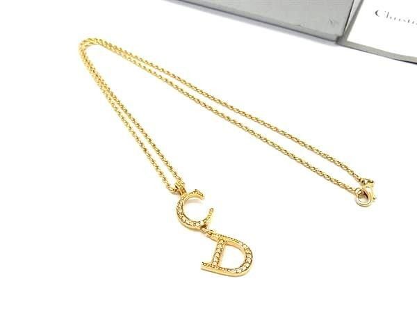 Dior Necklace Swing Pendant Gold Metal Rhinestone CD Logo