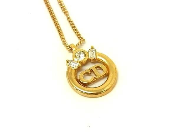 Dior Necklace Circle CD Logo Gold Metal Rhinestone Vintage