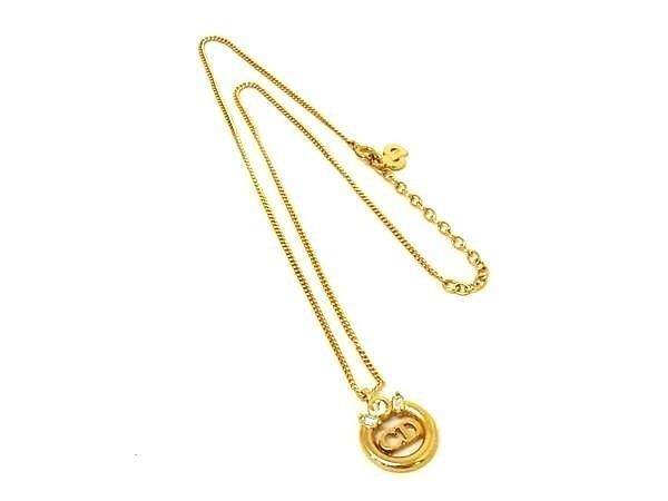 Dior Necklace Circle CD Logo Gold Metal Rhinestone Vintage