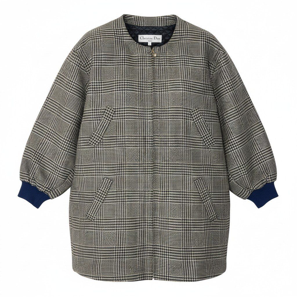Dior Color Tweed Coat Glen Check Lame L Beige Navy