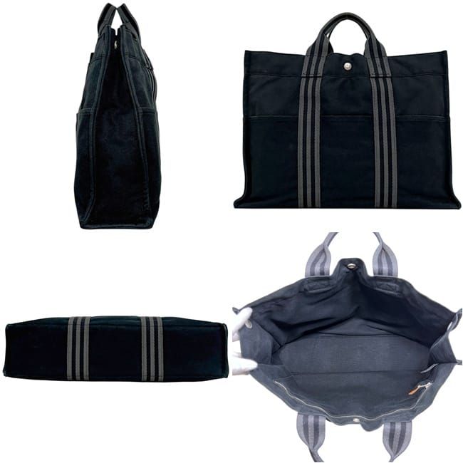 Hermes Tote Bag Fourre Tout MM Black Gray Lightweight Cotton Canvas Document
