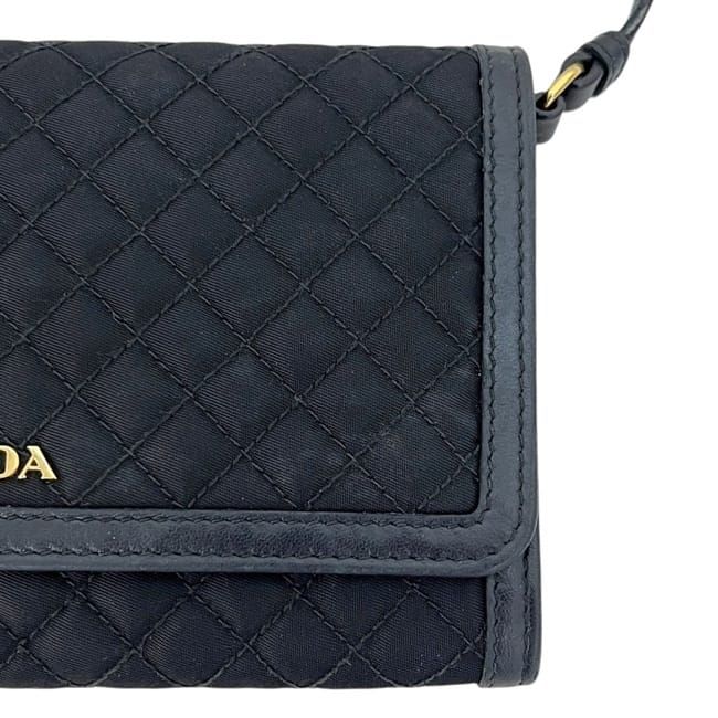 Prada Wallet on Chain Bifold Black Nero Nylon Leather Quilted 12 One Point Logo