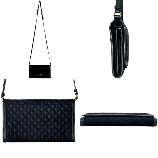 Prada Wallet on Chain Bifold Black Nero Nylon Leather Quilted 12 One Point Logo