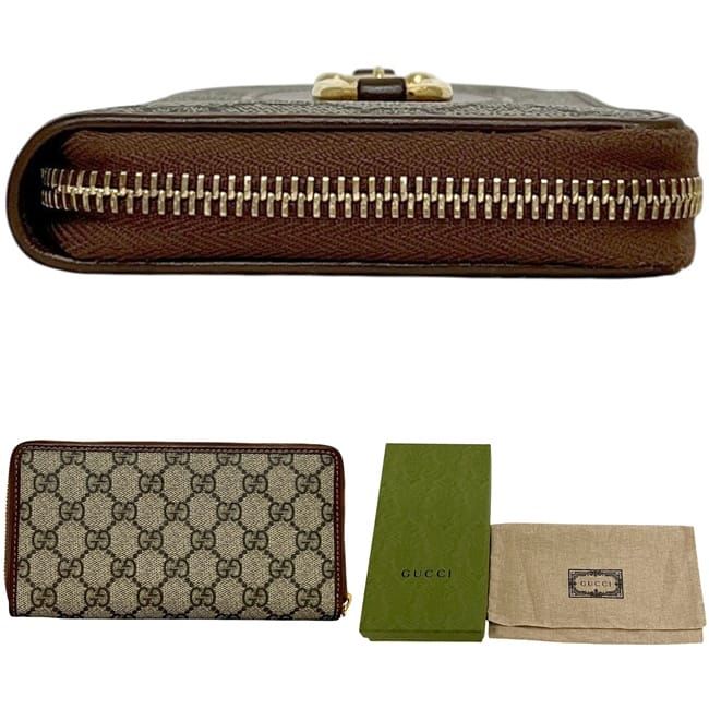 Gucci Zip Around Wallet Beige Brown Horsebit Leather GG Canvas Zipper
