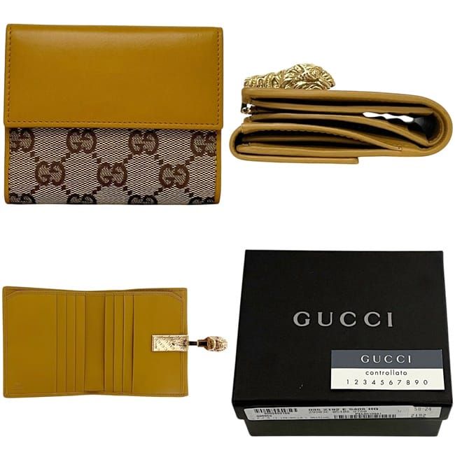 Gucci Bifold Wallet Beige Yellow 035 Canvas Leather GG Tiger Compact