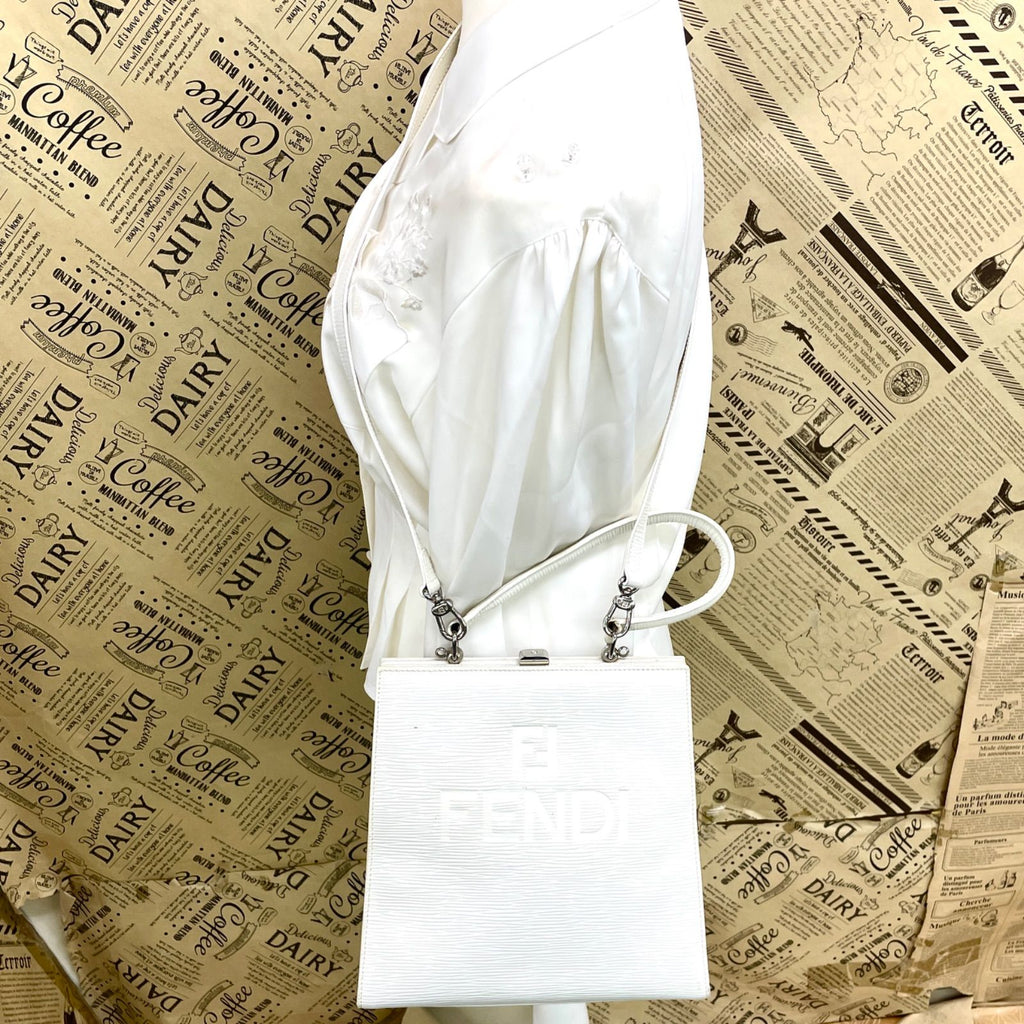 Fendi FF Logo Tote Shoulder Bag 2-Way White Leather — view 4