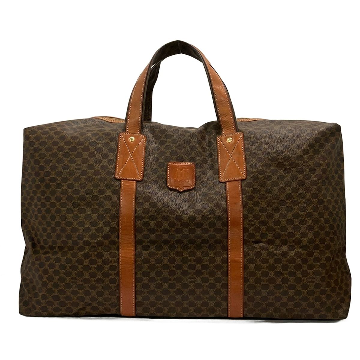 Celine Boston Bag Macadam Pattern Dark Beige Dark Brown No Lock Leather