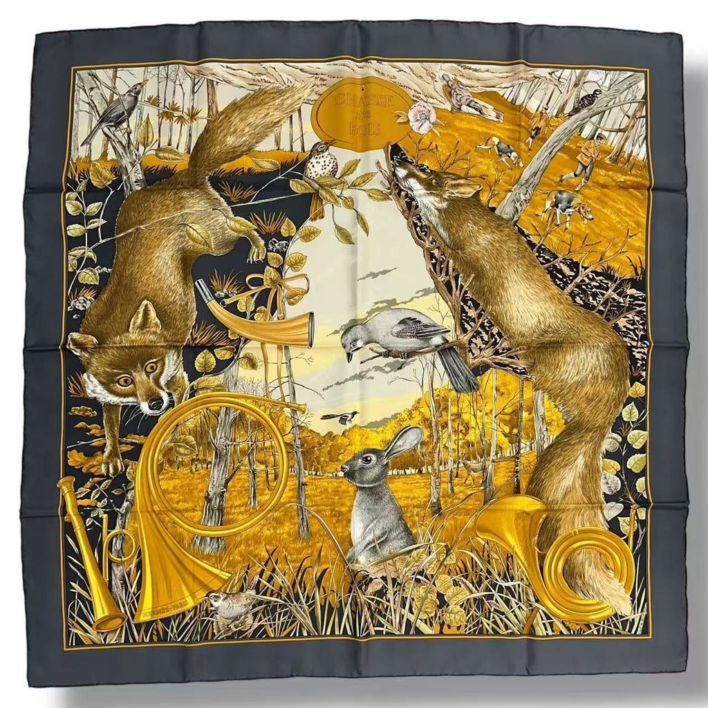 Hermes Scarf Silk Carre 90 Chasse Au Bois Forest Hunting Gray — view 2