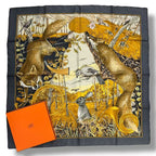 Hermes Scarf Silk Carre 90 Chasse Au Bois Forest Hunting Gray