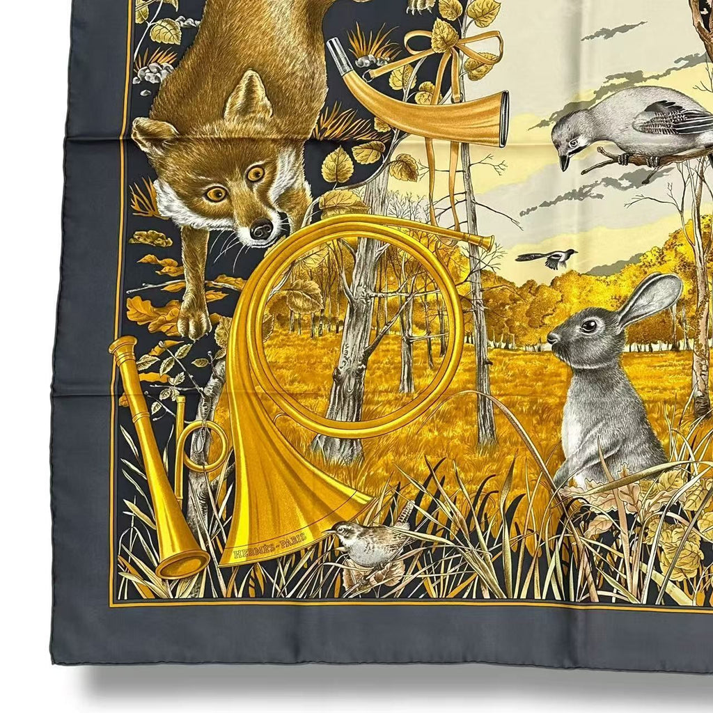 Hermes Scarf Silk Carre 90 Chasse Au Bois Forest Hunting Gray — view 6
