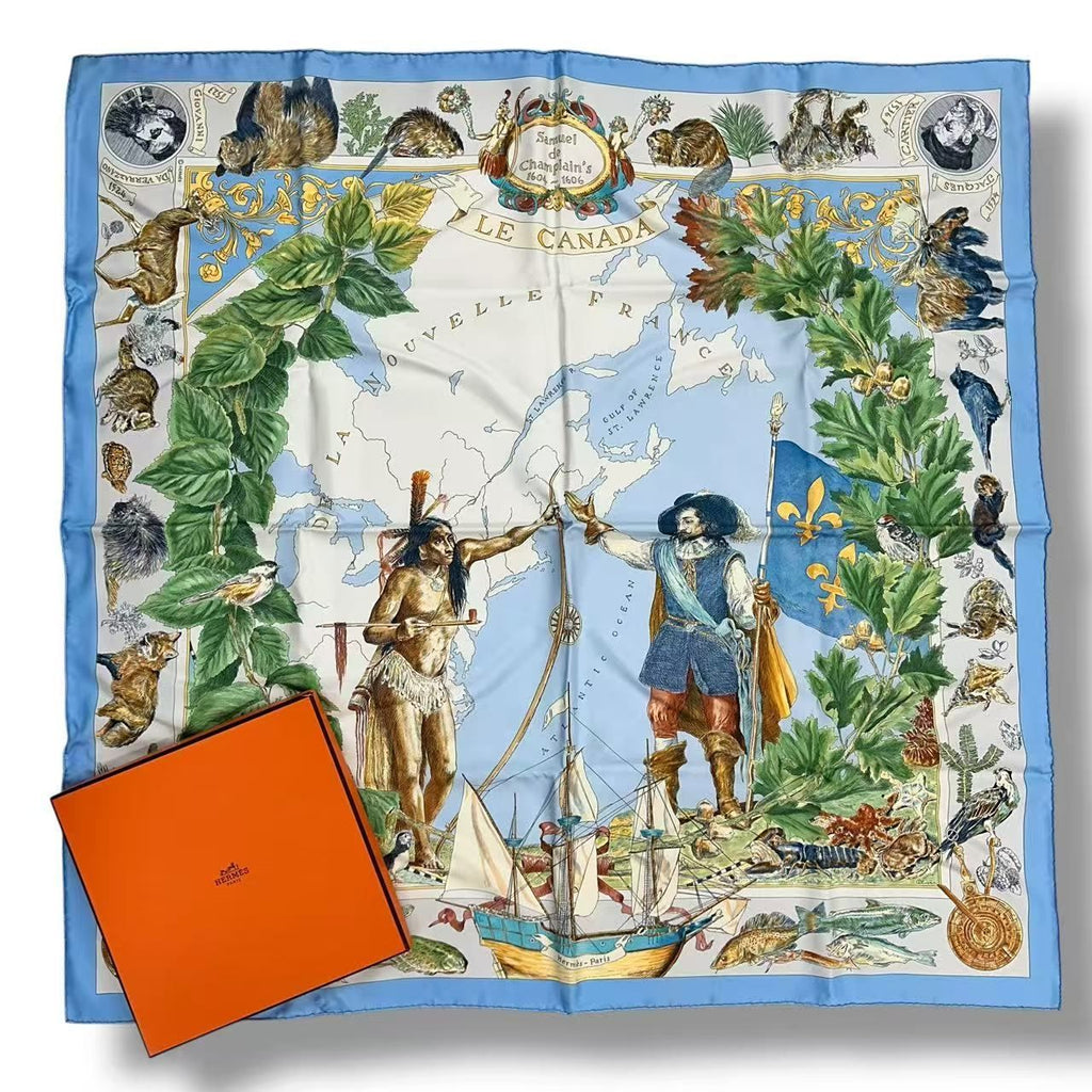 Hermes Scarf Silk Carre 90 le Canada Blue