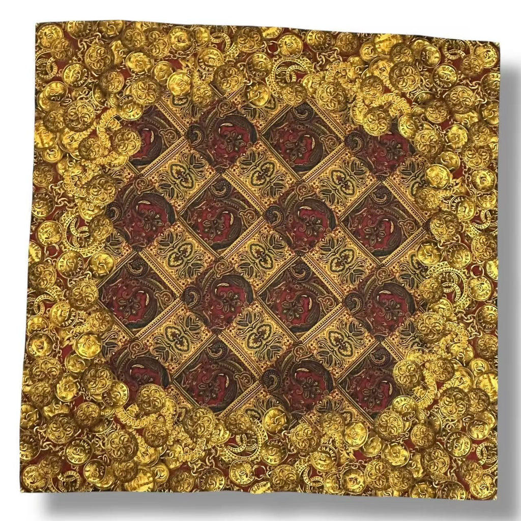 Chanel Scarf Silk Medal Pattern Gripoix Style Logo Brown
