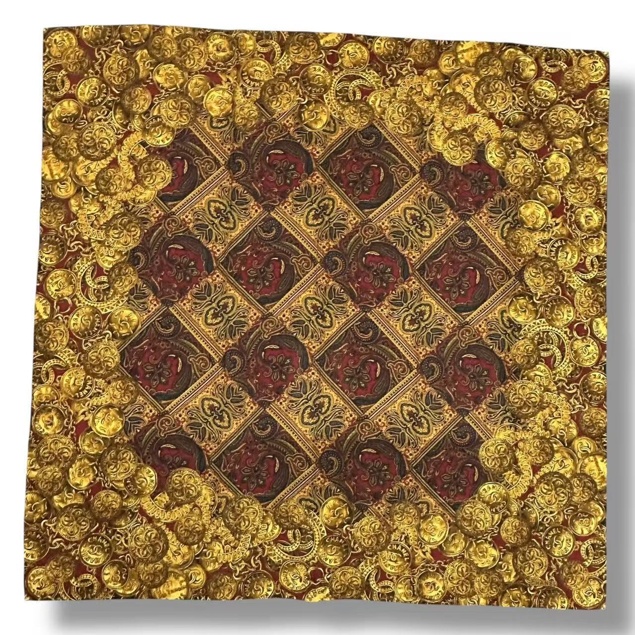 Chanel Scarf Silk Medal Pattern Gripoix Style Logo Brown