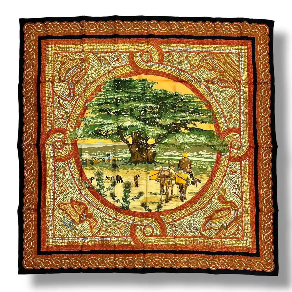 Hermes Scarf Silk Sous le Cedre Under the Himalayan Cedar Brown