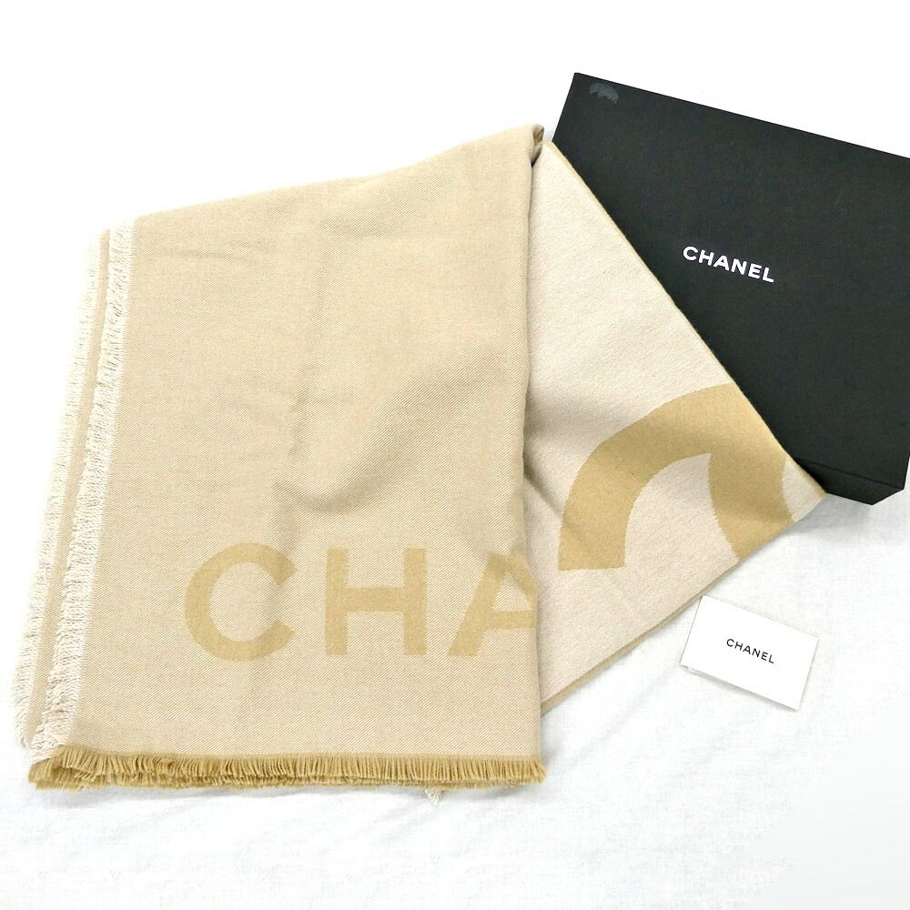 Chanel Shawl Beige Logo CC Cashmere Silk Large Scarf — view 9
