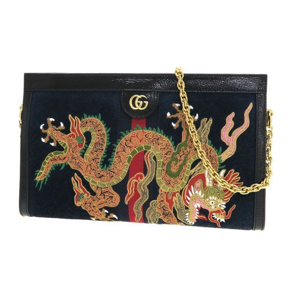 Gucci Embroidery Chain Shoulder Bag Black
