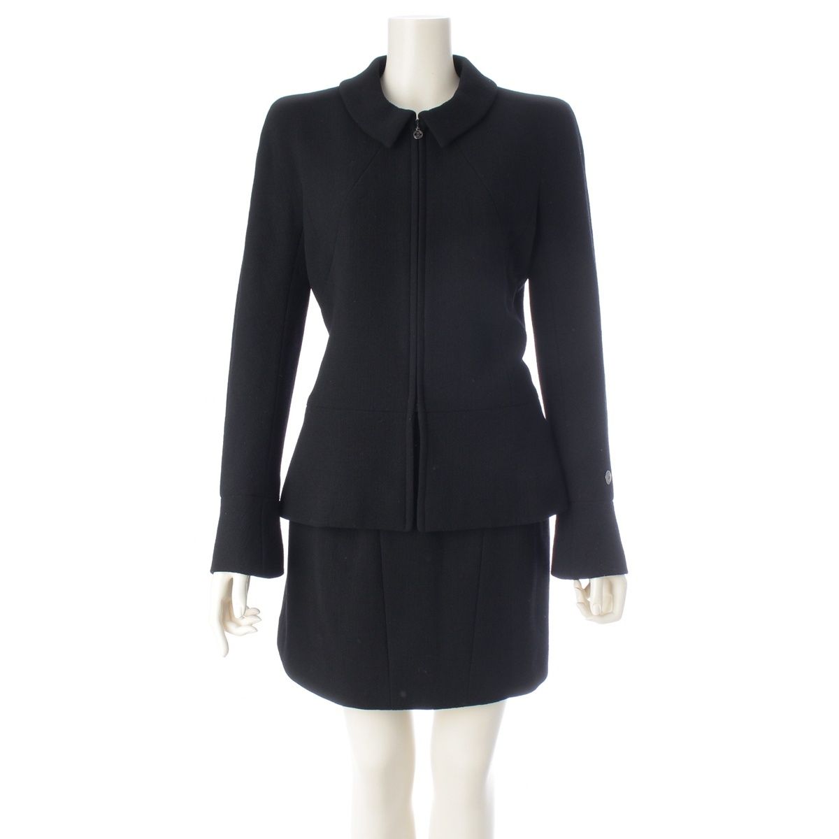 Chanel Tweed Zip Up Jacket Skirt Set Black 38