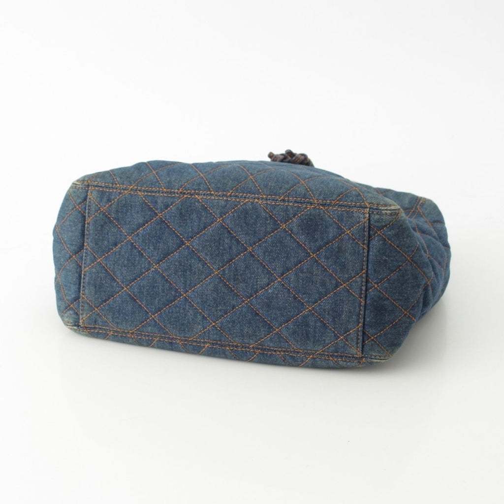Chanel Quilted Denim CC Logo Handbag Drawstring Indigo Blue Brown