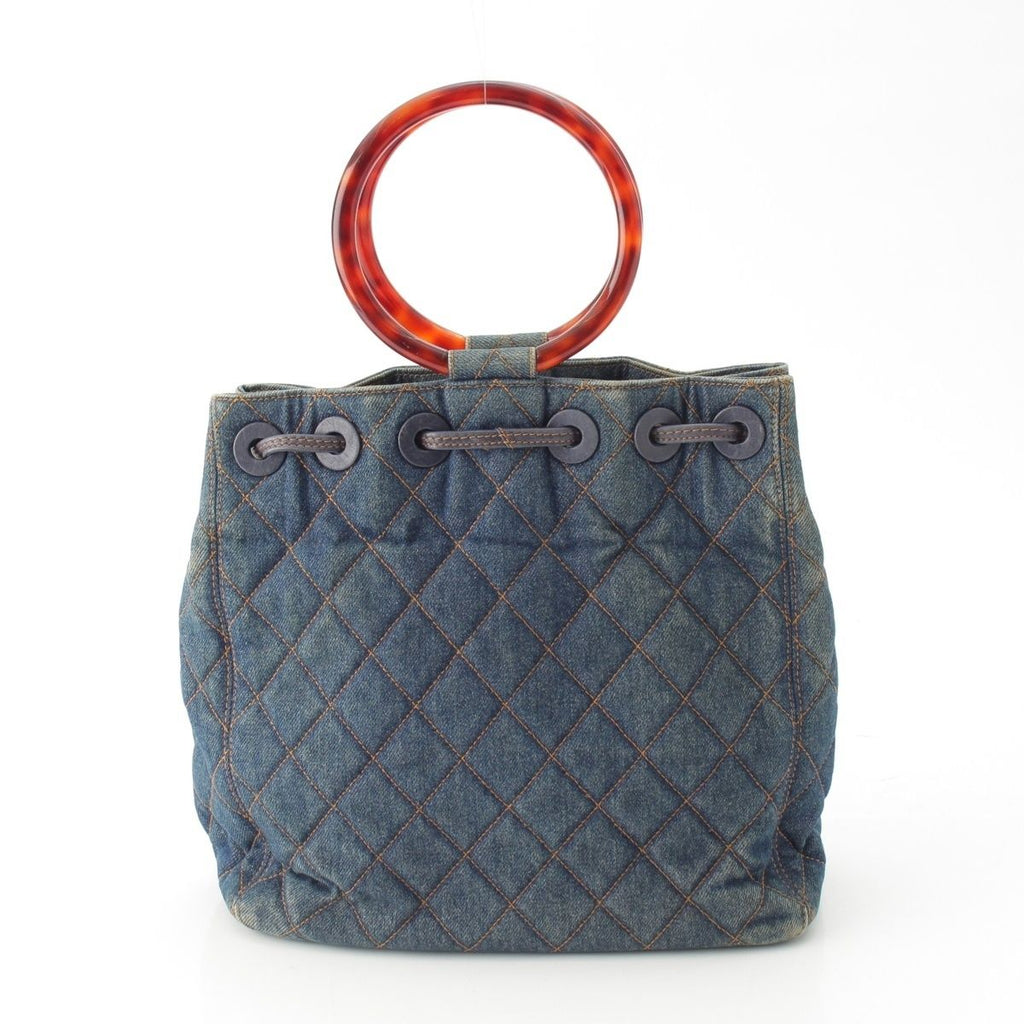Chanel Quilted Denim CC Logo Handbag Drawstring Indigo Blue Brown