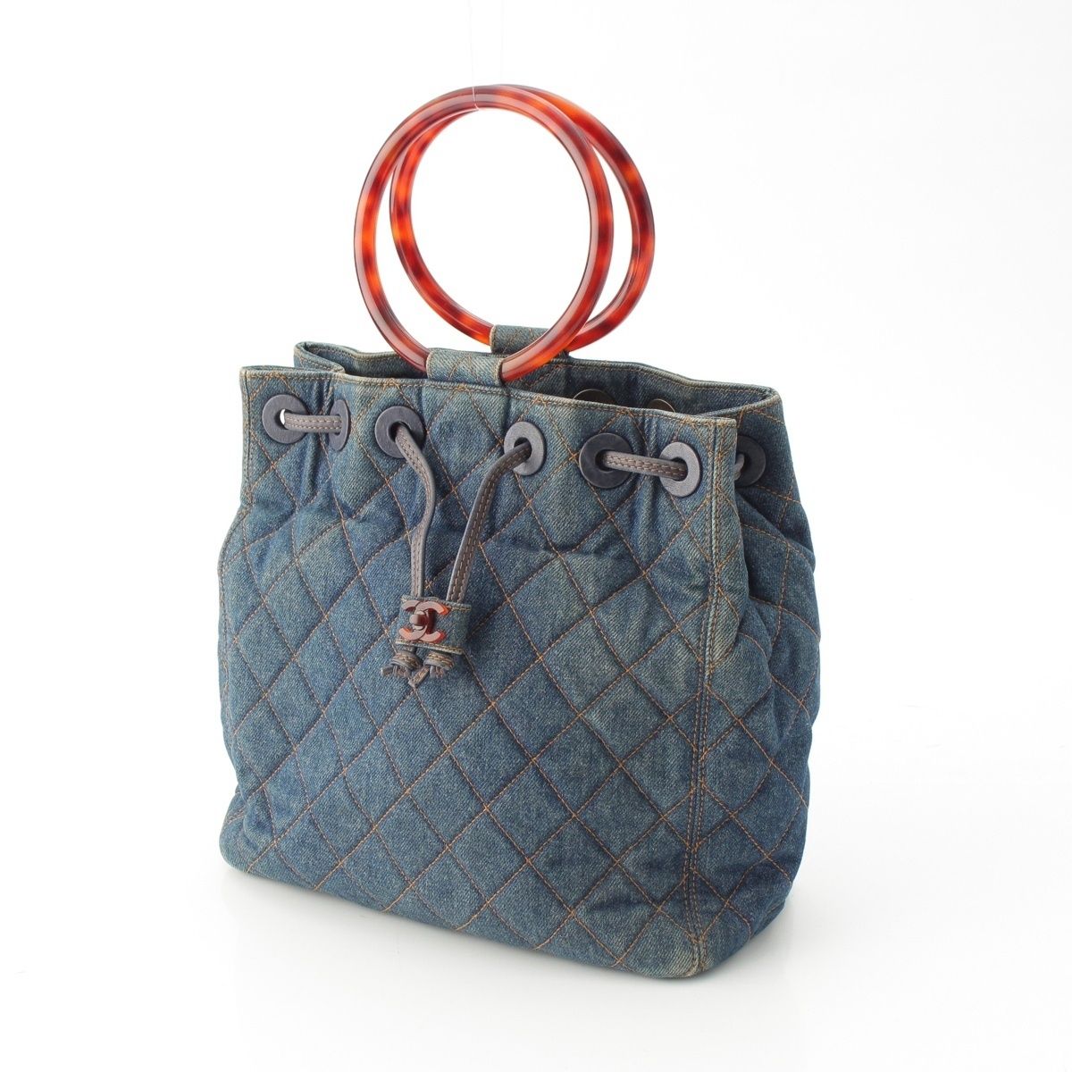 Chanel Quilted Denim CC Logo Handbag Drawstring Indigo Blue Brown