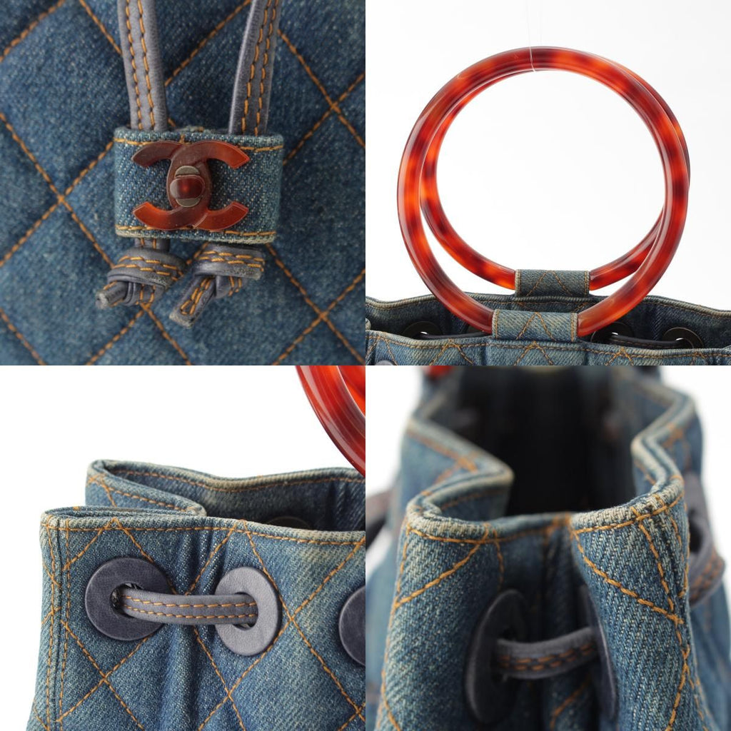 Chanel Quilted Denim CC Logo Handbag Drawstring Indigo Blue Brown