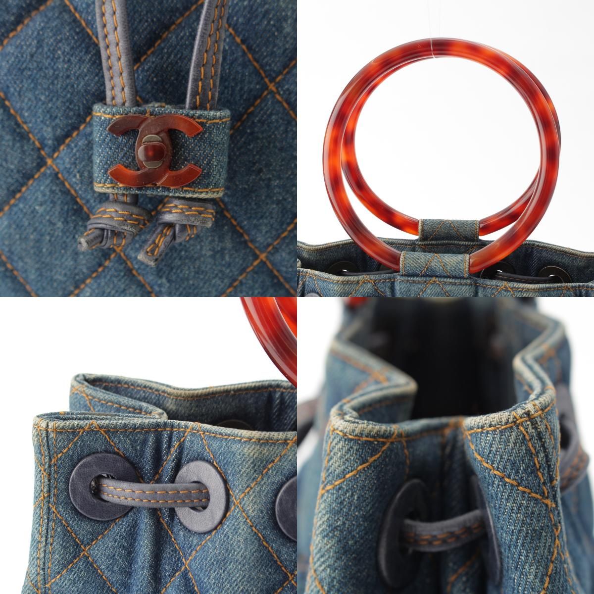 Chanel Quilted Denim CC Logo Handbag Drawstring Indigo Blue Brown