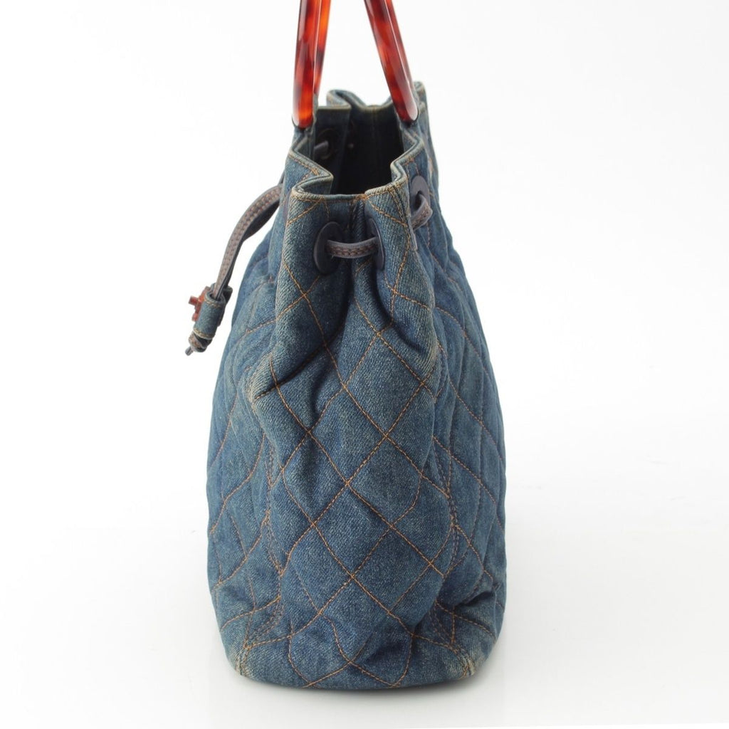 Chanel Quilted Denim CC Logo Handbag Drawstring Indigo Blue Brown