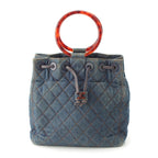 Chanel Quilted Denim CC Logo Handbag Drawstring Indigo Blue Brown