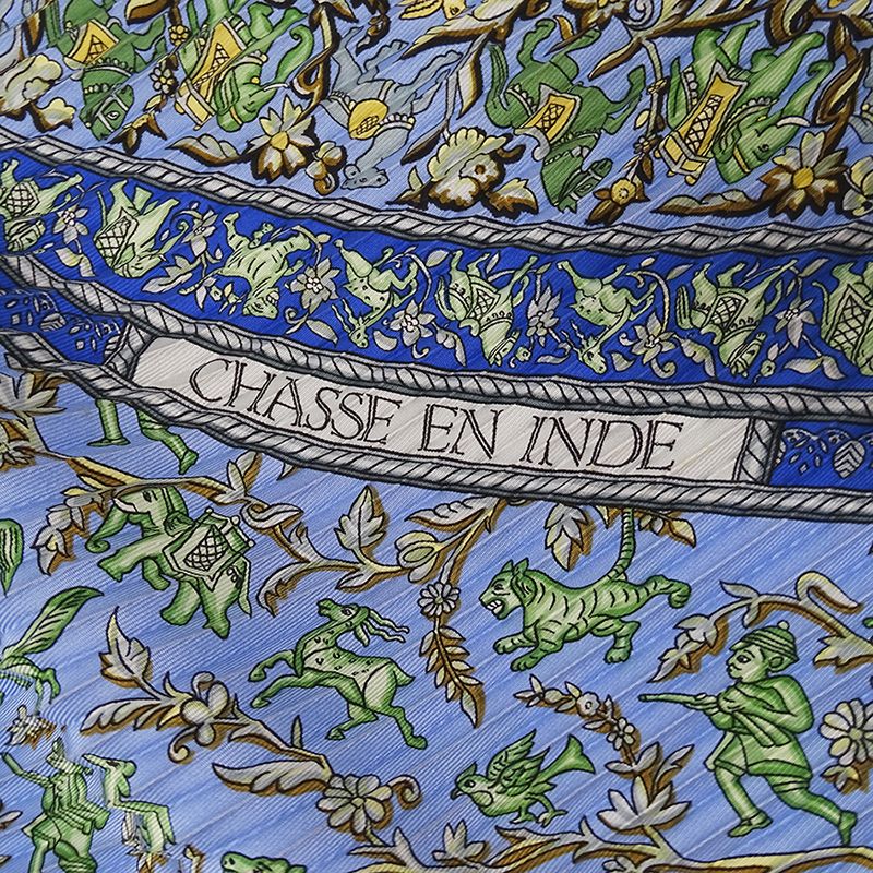 Hermes Scarf Pleated Carre Chasse en Inde Indian Hunting Silk Blue — view 7