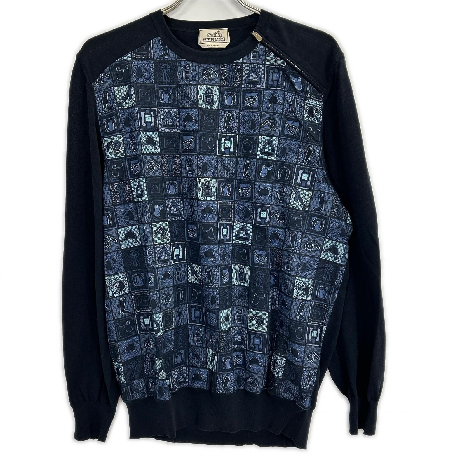 Hermes Navy Allover Knit Cotton Zip Top XL Sweater