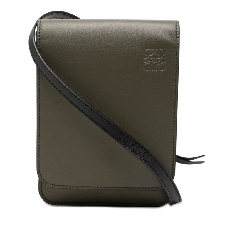 Loewe Anagram Gusset Flat Shoulder Bag Khaki Green Black Leather