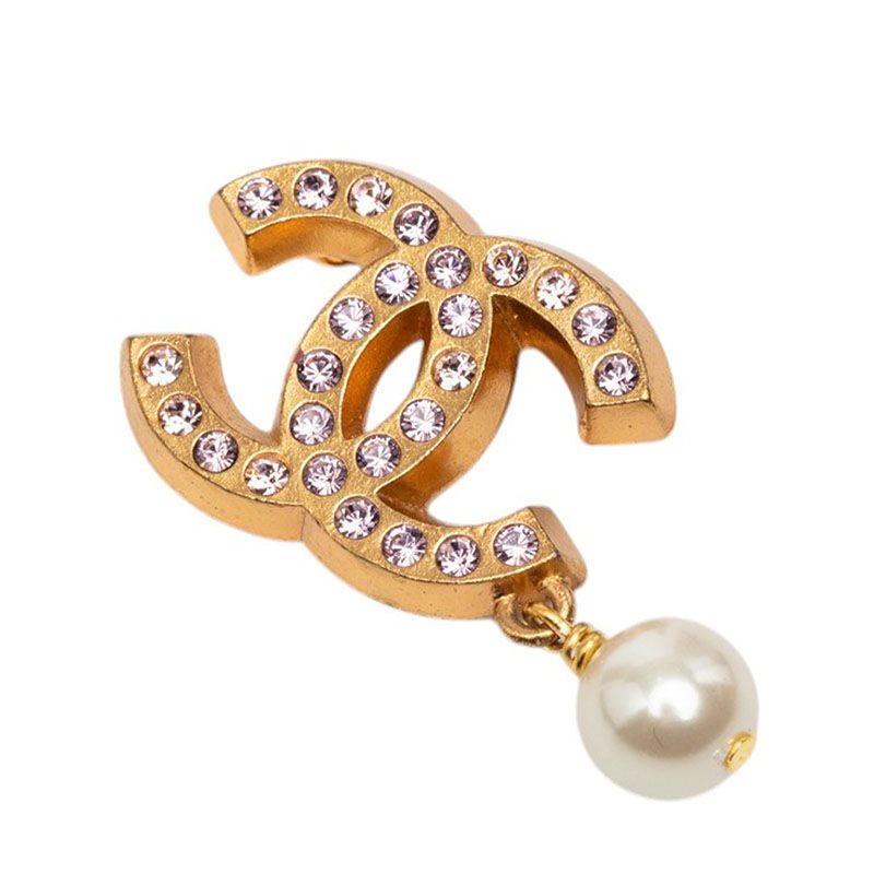 Chanel CC Logo Brooch Gold Rhinestone Plated Faux Pearl
