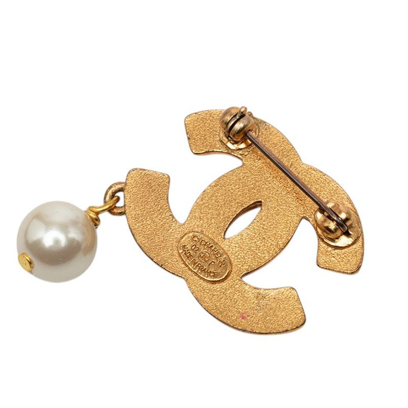 Chanel CC Logo Brooch Gold Rhinestone Plated Faux Pearl