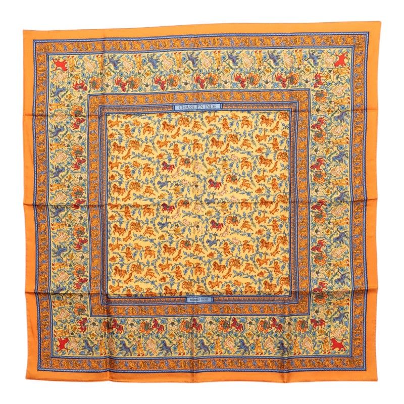 Hermes Carre 90 Chasse en Inde Indian Hunting Scarf Orange Silk