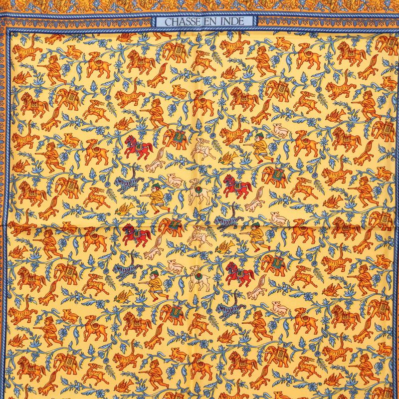 Hermes Carre 90 Chasse en Inde Indian Hunting Scarf Orange Silk