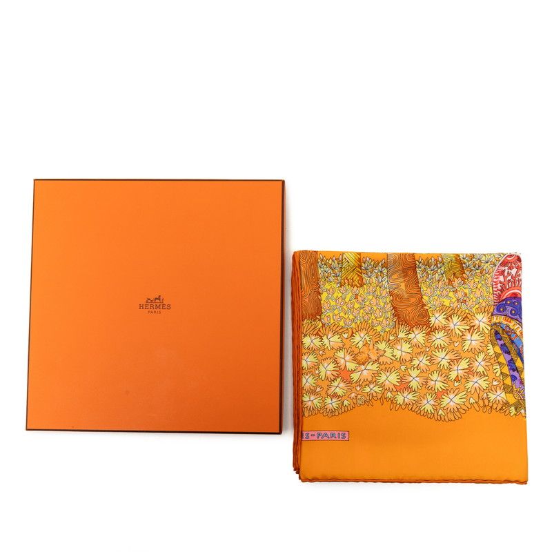 Hermes Carre 90 Ombres Et Lumieres Shadow and Light Scarf Orange Silk