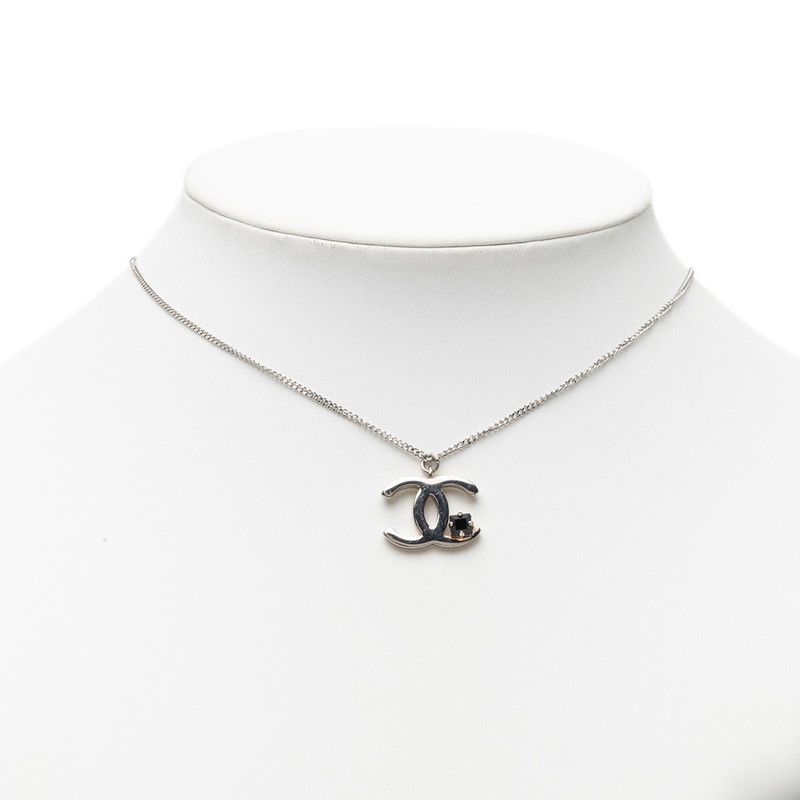 Chanel CC Logo Pendant Silver Metal Black Stone
