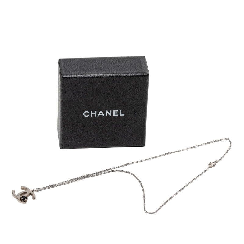 Chanel CC Logo Pendant Silver Metal Black Stone