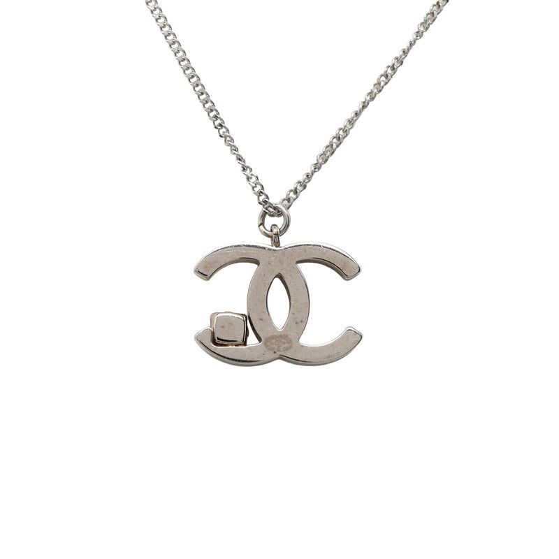 Chanel CC Logo Pendant Silver Metal Black Stone