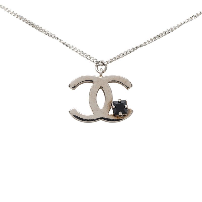 Chanel CC Logo Pendant Silver Metal Black Stone