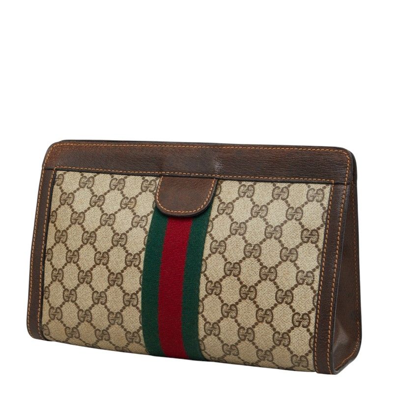 Gucci GG Supreme Vintage Sherry Line Clutch Beige Brown Leather