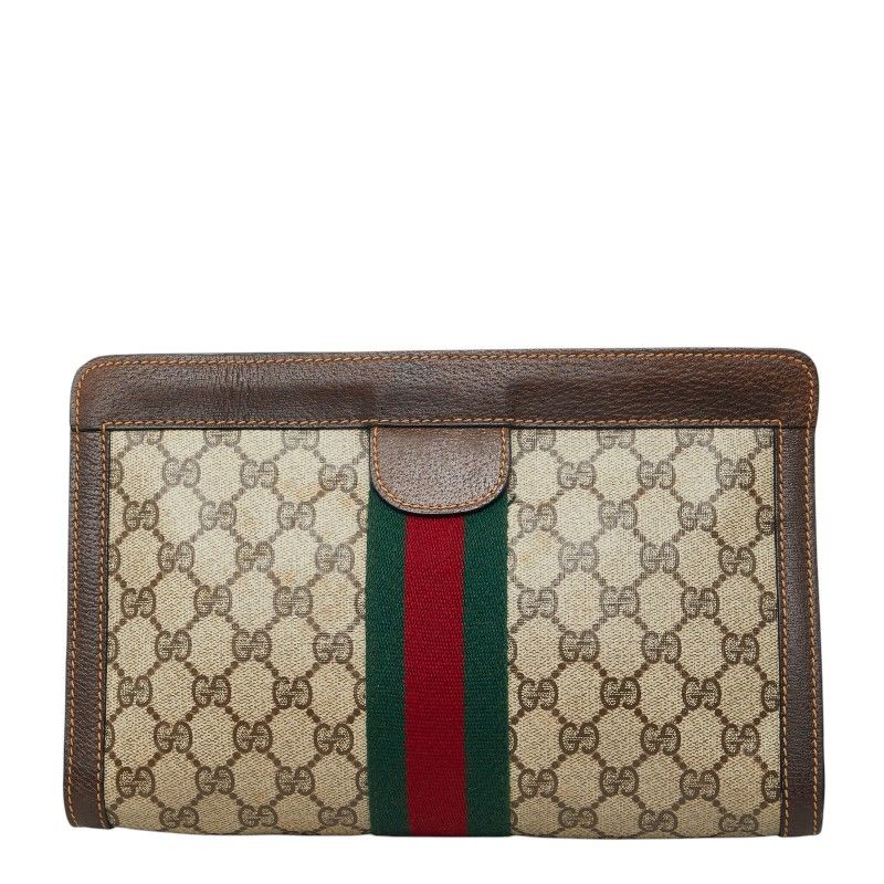 Gucci GG Supreme Vintage Sherry Line Clutch Beige Brown Leather