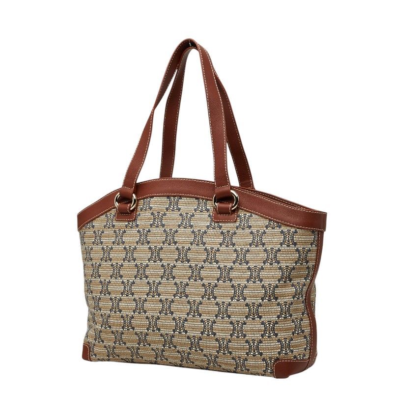 Celine Macadam Tote Shoulder Bag Beige Brown Leather Canvas