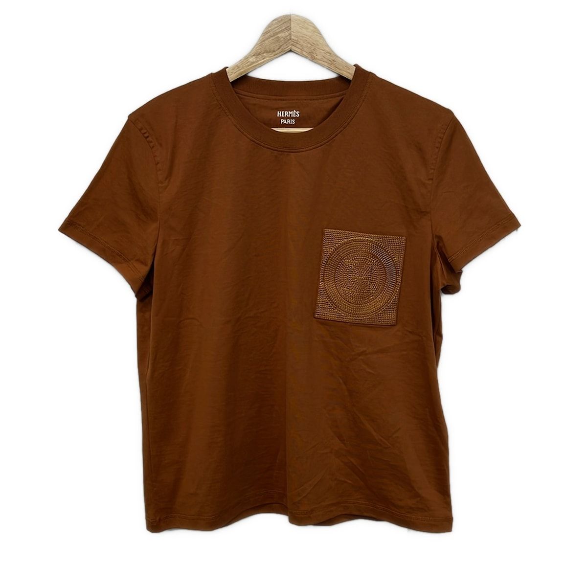 Hermes Short Sleeve T-Shirt 40 M Brown Crew Neck Mosaic Embroidered Pocket