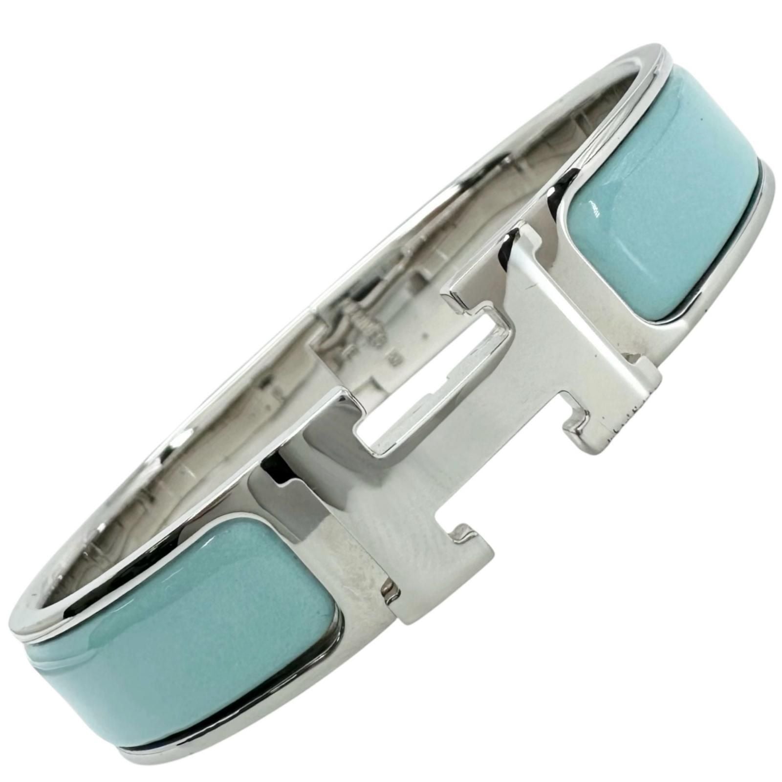 Hermes Clic H Enamel Light Blue Bangle Silver Bracelet