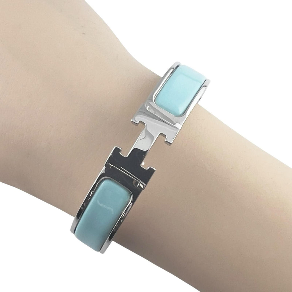 Hermes Clic H Enamel Light Blue Bangle Silver Bracelet — view 3